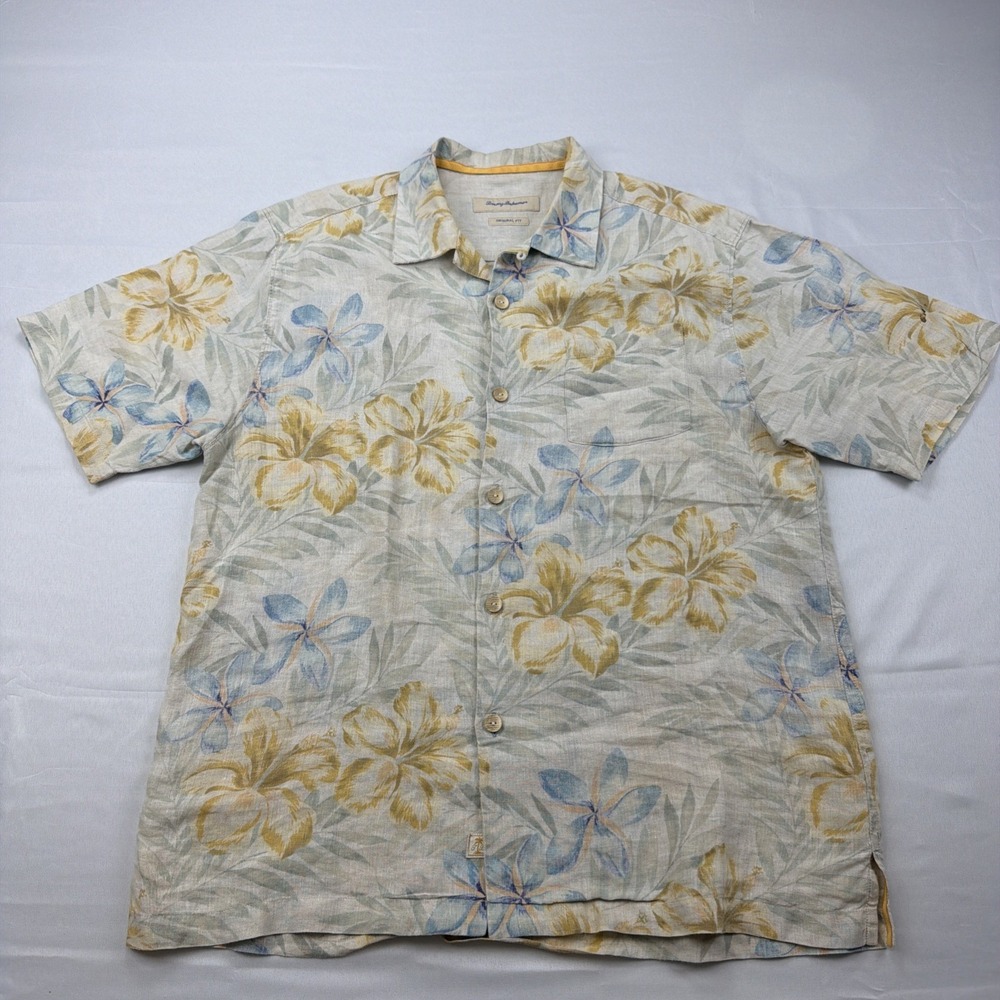 Tommy Bahama Hawaiian Short Sleeve Shirt Mens Floral Print 100% Linen LARGE
